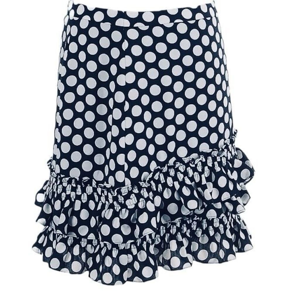 J. Crew Blue Polka Dot Asymmetrical Ruffle Hem Lined Miniskirt Women’s Size 8